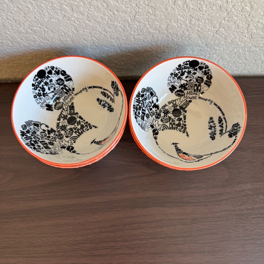 Disney Mickey Head Doodle Graphic Orange Rim Ceramic Snack Bowls Set‎ of 4